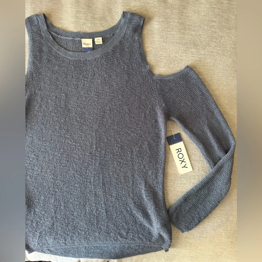Roxy Cold Shoulder Sweater Top Blue Knit Long Sleeve Size L